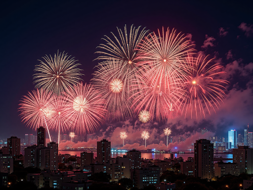 夜空中绽放的彩色烟花,红色背景,节日气氛浓厚,明亮灯光效果